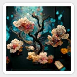 Sculpture with intricated flowers, trees, exploding and dispersing all around Sticker